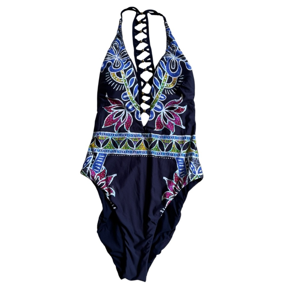 Trina Turk Navy Blue Floral Glitter Lace Up‎ Front One Piece Swimsuit Halter